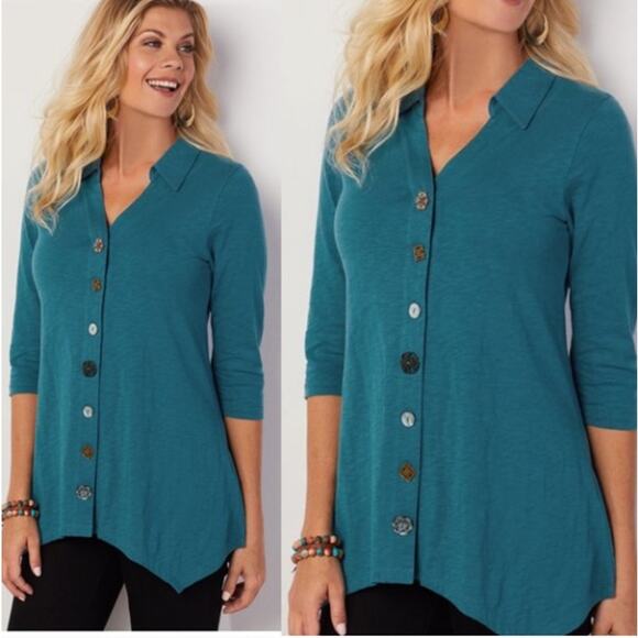 Soft Surroundings Tops - Soft Surroundings Danielle 3X Top Tunic Collar Button Up  Blue Teal Assymetrical